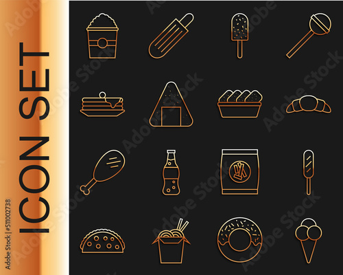 Set line Ice cream in waffle cone, Corn dog, Croissant, Onigiri, Stack of pancakes, Popcorn box and Chicken nuggets icon. Vector