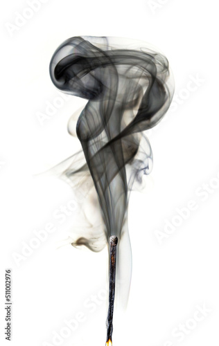 Match with smoke. Smoke coming from a half-burnt match on a white background close-up.
