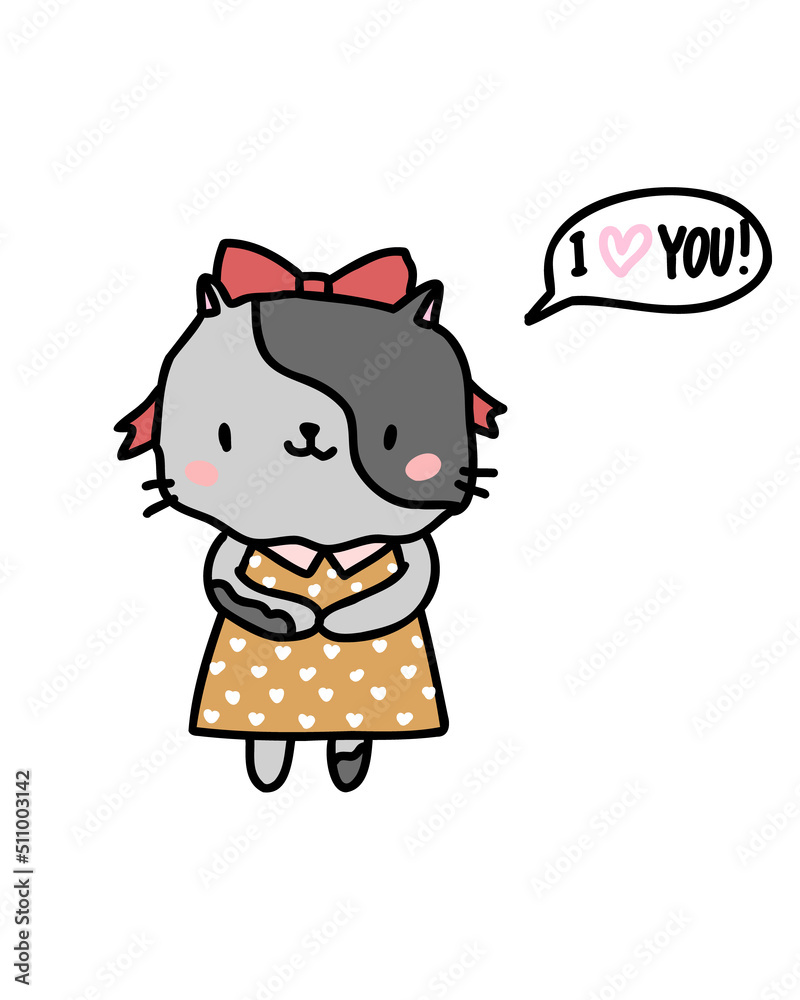 Little cute white cat with text I love you. Child cartoon character on an isolated background. Baby print, banner, brochure. Little cute white cat with text I love you. Child cartoon character on an isolated background. Baby print, banner, brochure.
