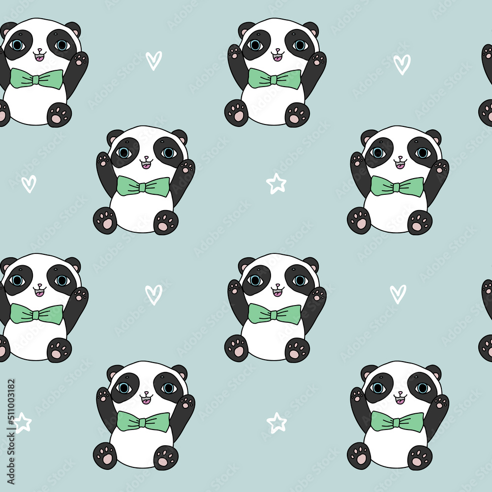 Cute pastel blue pattern with line doodle panda with hearts, stars. Seamless background. Textiles for children. Minimalism paper scrapbook for kids. Cute pastel blue pattern with line doodle panda with hearts, stars. Seamless background. Textiles for children. Minimalism paper scrapbook for kids.