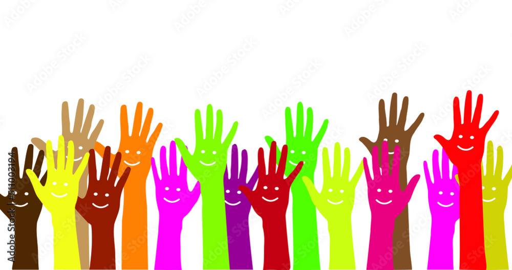 Fototapeta premium Flat Hands Up with smiling face - Concept of raised up hands