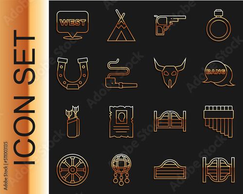 Set line Saloon door, Pan flute, Bang boom, gun Comic, Revolver, Smoking pipe, Horseshoe, Pointer to wild west and Buffalo skull icon. Vector