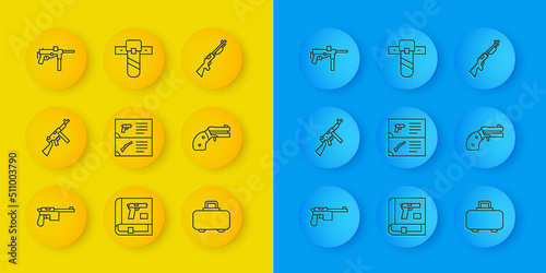 Set line Mauser gun, Tommy, Weapon catalog, case, Small revolver, Submachine M3, Hunting and Knife holster icon. Vector