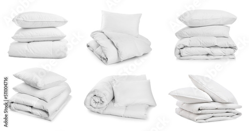 Set with soft pillows and blankets on white background
