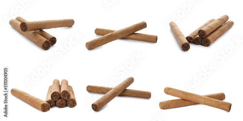 Set of cigars wrapped in tobacco leaves on white background. Banner design
