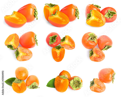 Set with sweet ripe persimmons on white background