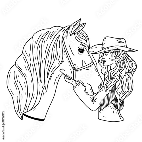 Young Women with a cowboy hat. Cowboy girl. Hand drawn trendy Vector illustrations.
