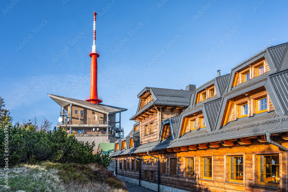 Fototapeta premium Wooden mountian chalet on the summit of Lysa Mountain
