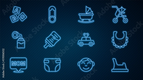 Set line Baby potty, bib, stroller, bottle, Breast pump, ABC blocks, Toy car and clothes pin icon. Vector