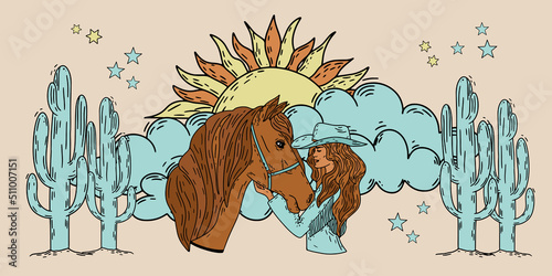 Young Women with a cowboy hat. Cowboy girl. Hand drawn colored trendy Vector illustrations. 