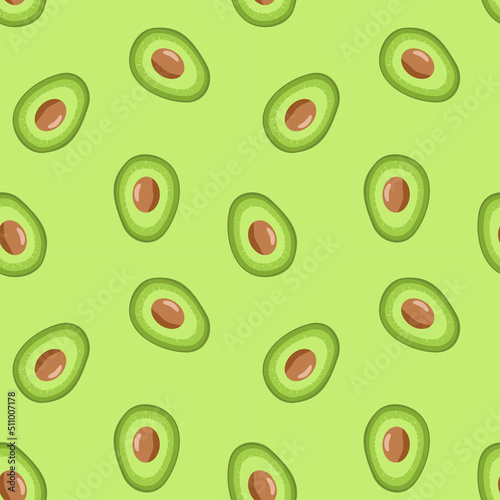 Simple hand drawn avocado seamless pattern, vegetables healthy food background, positive green flying sliced avocados, ecological kids template for cover, textile, cooking interior