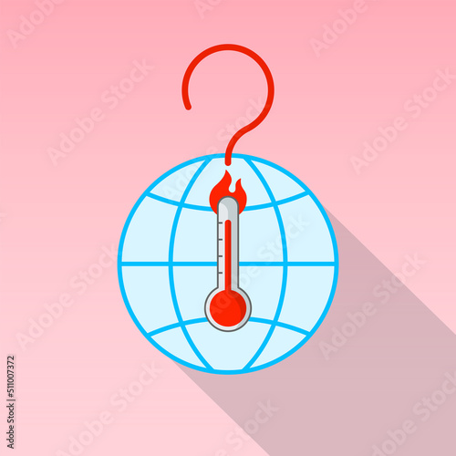 Rising temperature thermometer on globe and question mark with flame icon as a gimmick of global warming problem. Vector illustration outline flat design style. 