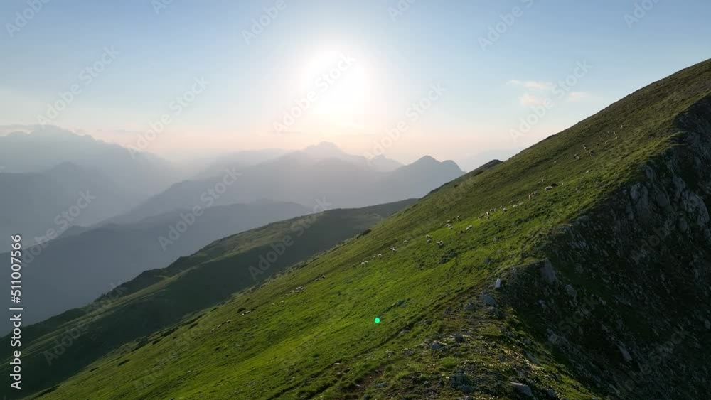 Aerial hikers in the Dolomites mountains at sunrise. Epic landscape in South Tirol and European Alps wanderlust. Aerial hikers in the Dolomites mountains at sunrise. Epic landscape in South Tirol and European Alps wanderlust.