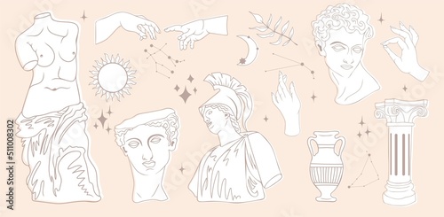 Greek ancient sculpture mystic set. Vector hand drawn illustrations of antique classic statues in trendy bohemian style. Heads  branch  vase  column  hands  body  stars  moon.
