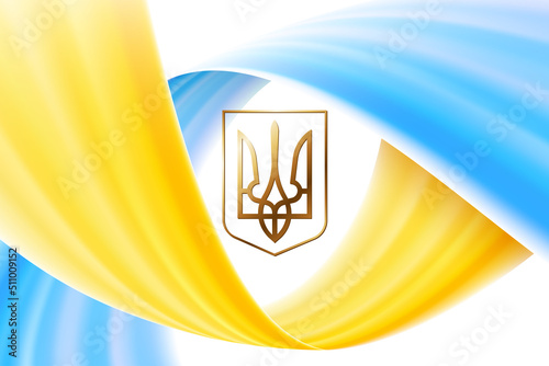 Yellow blue wavy ribbon flow design on white background. Golden trident, coat of arms Ukraine. Independence Day of Ukraine color line flyng effect abstract background. Fabric folds web banner design
