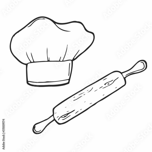 Chef Hat and rolling pin icon. Ink Vector.  Black And White Illustration