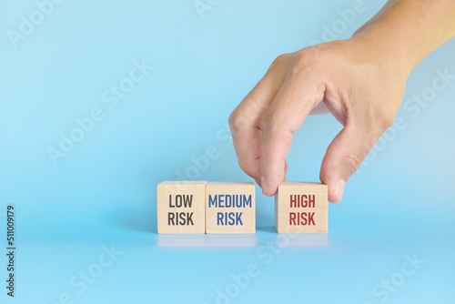 Obraz na płótnie Investment risk management tolerance and planning and asset allocation and diversification concept. Wooden blocks with low, medium and high risk word with copy space. w salonie