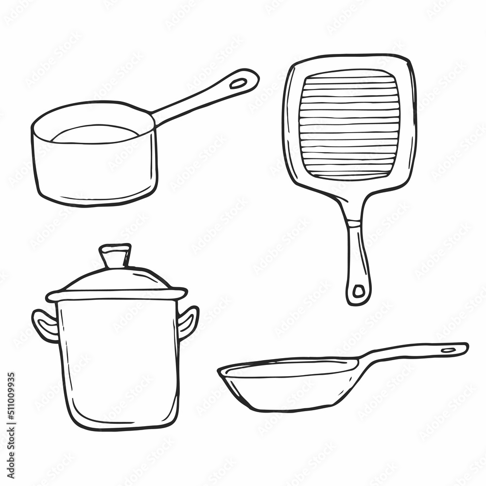 Frying pan. Frying pans hand drawn vector illustrations set. Frying
