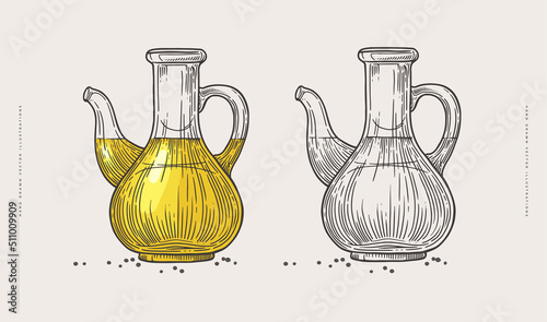 Hand-drawn bottles with organic oil or vinegar on a light isolated background. Can be used for cafe menu design, restaurant and store packaging. Vintage illustration in engraving style.