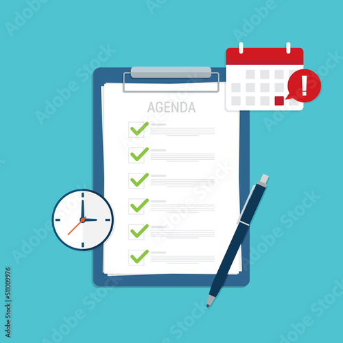 Agenda list on clipboard. Meeting agenda. Reminder with a event list and schedule.  Presentation with memo,