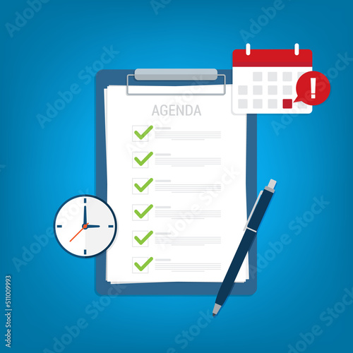 Agenda list on clipboard. Meeting agenda. Reminder with a event list and schedule.  Presentation with memo,