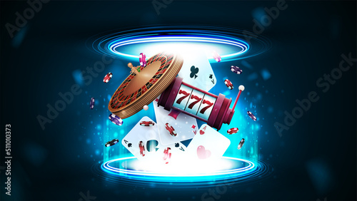 Slika na platnu Casino playing cards, casino roulette, slot machine and poker chips inside blue