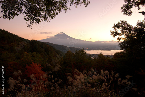 Fuji mountain and Kawaguchiko lake at sunset, Autumn seasons Fuji mountain at yamanachi in Japan. photo