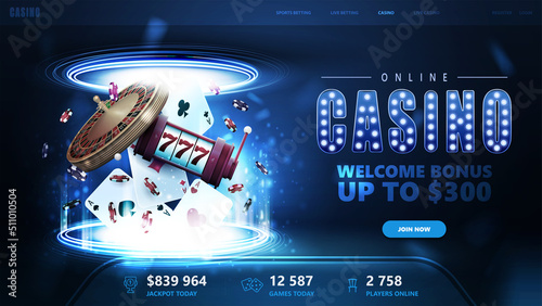 Online casino, welcome bonus, blue banner for website with button, casino playing cards, casino roulette, slot machine and poker chips inside blue portal made of digital rings in dark empty scene