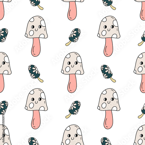 Seamless pattern with color hand drawn mushroom in retro style. Vector illustration