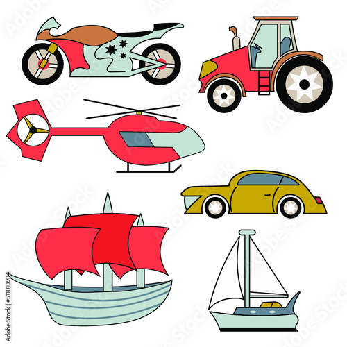 Cartoon stickers with a different transport. Vector illustration