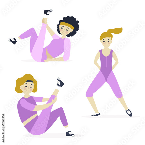 Healthy lifestyle. Collection of female cartoon characters demonstrating various fitness positions isolated on white background