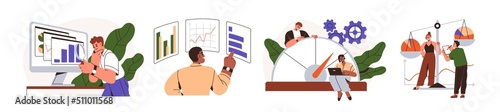 Benchmarking concept. Comparing business process, indicator, performance metrics to bests. Measuring, testing with analysis charts. Flat graphic vector illustrations set isolated on white background