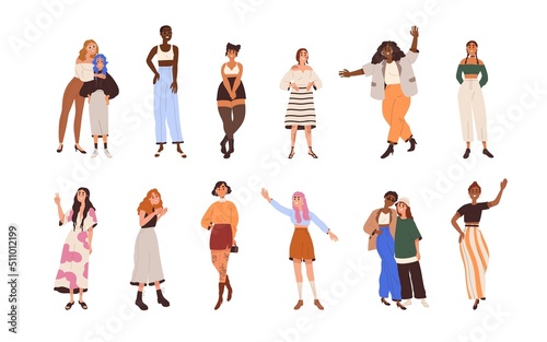 Diverse modern women set. Different body-positive happy girls portraits. Various beautiful females standing in trendy fashion summer outfits. Flat vector illustrations isolated on white background