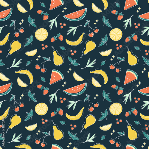 Hand drawn seamless pattern. Used summer color combinations with pear, apple, lime, watermelon. Vector illustration.