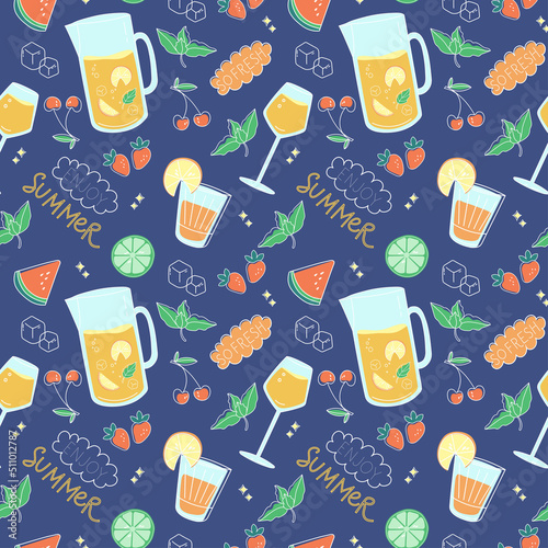 Hand drawn seamless pattern. A set of various cocktail elements for use in the bar menu, cocktail card and various banners.