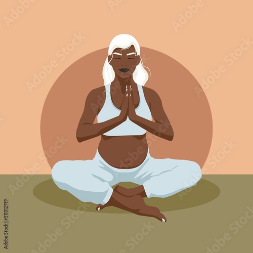 Pregnant Girl sitting in Lotus pose and meditating. Conceptual illustration for Yoga, meditation, relaxation, rest, healthy lifestyle. Flat Vector illustration.	
