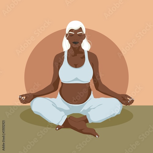 Pregnant Girl sitting in Lotus pose. Conceptual illustration for Yoga, meditation, relaxation, rest, healthy lifestyle. Flat Vector illustration.