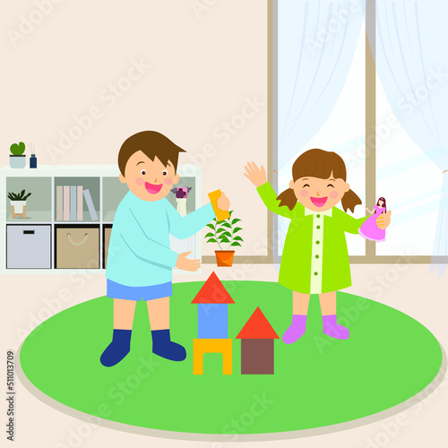 Children are playing with toys in the house.