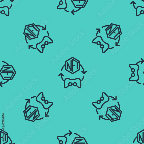 Black line NFT Digital crypto art icon isolated seamless pattern on green background. Non fungible token. Vector