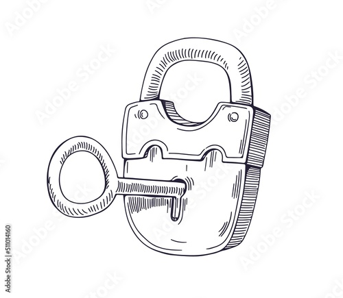 Key inside padlocks keyhole, locking and unlocking. Outlined etched drawing i...