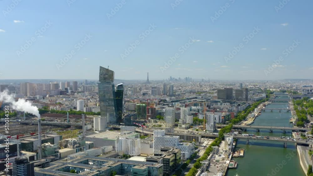 Aerial drone flight over Paris, France Seine River. Aerial panoramic view of Paris city architecture. Aerial drone flight over Paris, France Seine River. Aerial panoramic view of Paris city architecture.