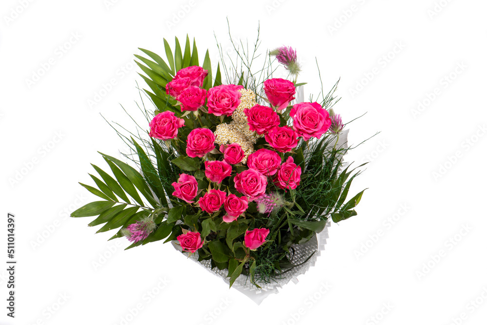 Fototapeta premium Bouquet of flowers - a composition of pink roses. Background for a postcard.