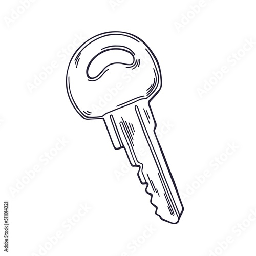 Door key, outlined engraving in vintage style. Etched drawing of modern unloc...
