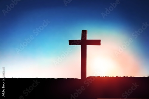 crucifixion jesus christ, wooden cross at sunset Fototapet