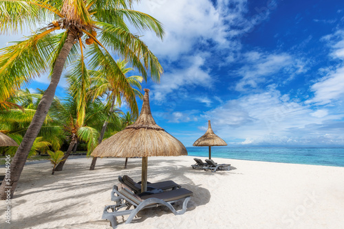 Fototapeta Naklejka Na Ścianę i Meble -  Beautiful beach with palm trees and straw umbrellas and tropical sea in Paradise island.	