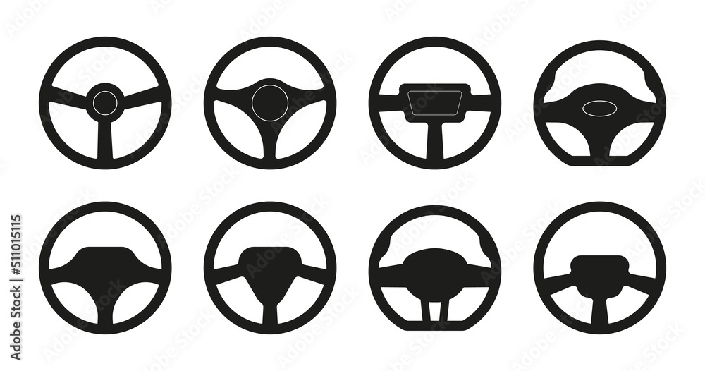 Wheel steering for car. Handle wheel of car. Auto steering collection. Modern icons for steer. Variety silhouettes of vehicle drive. Round different racing set isolated on white background. Vector