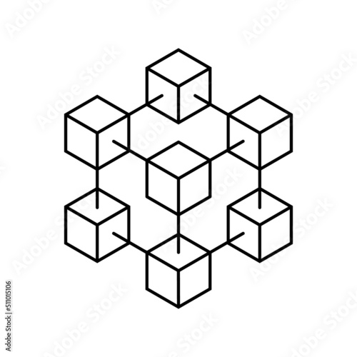 Blockchain icon. Blockchain structure. Block chain logo. Cube in line style. Crypto currency symbol. Crypto business. Cryptography data. Network technology. Vector