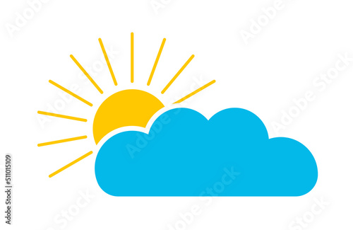 Cloud with sun. Weather forecast icon. Flat sun with cloud. Sunny morning. Cartoon illustration. Graphic design for logo, weather and forecast. Vector