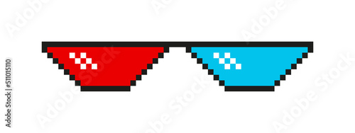 Pixel glasses. Minecraft glasses. Spectacles for meme. Sunglasses with red and blue for thug, boss, rapper and gangster. 8bit game icon. Eyeglasses isolated on white background. Vector.