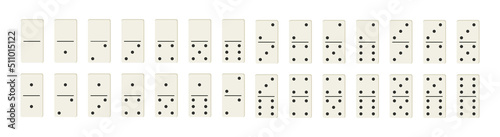 Domino game. Chip of domino. White domino icons isolated on white background. Set of block for gambling. Full series wooden chip. Stone for tournament, casino. Brick for game. Vector